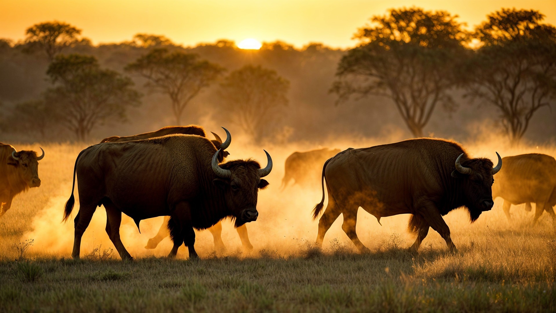 Wildebeests on the Savanna at Sunset in Golden Light