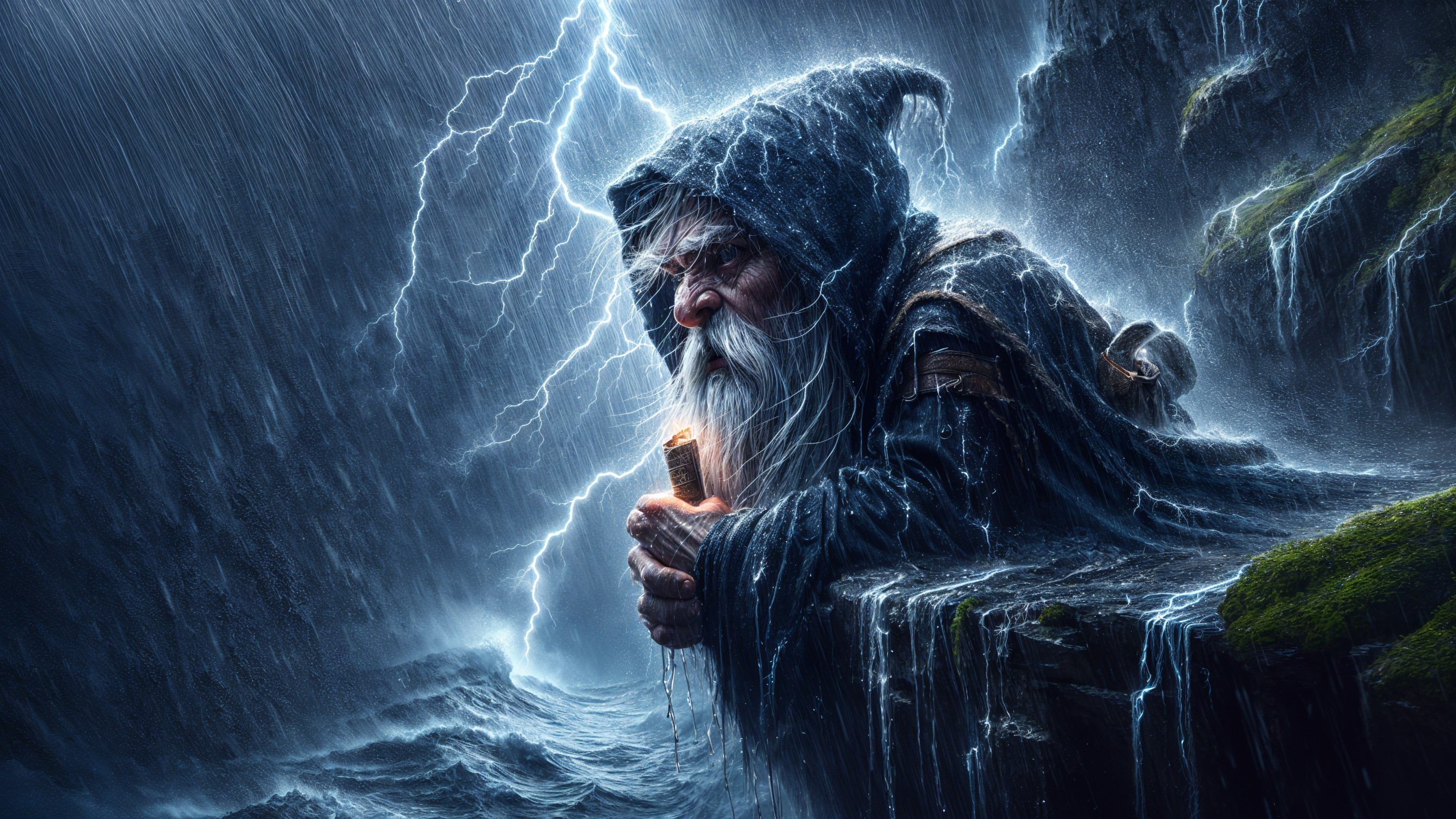 Weathered Figure with Lantern in Stormy Landscape