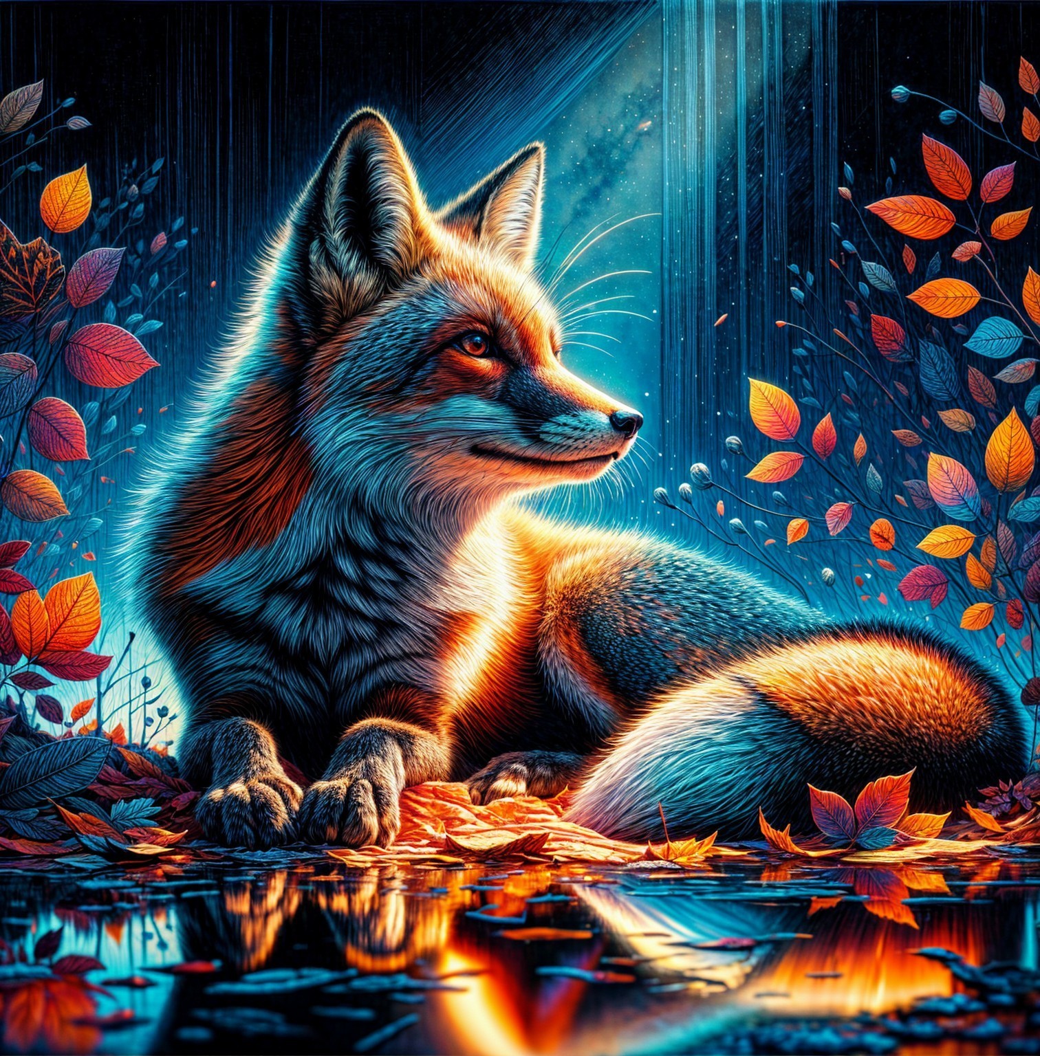 Fox in Autumn Landscape with Falling Leaves and Water