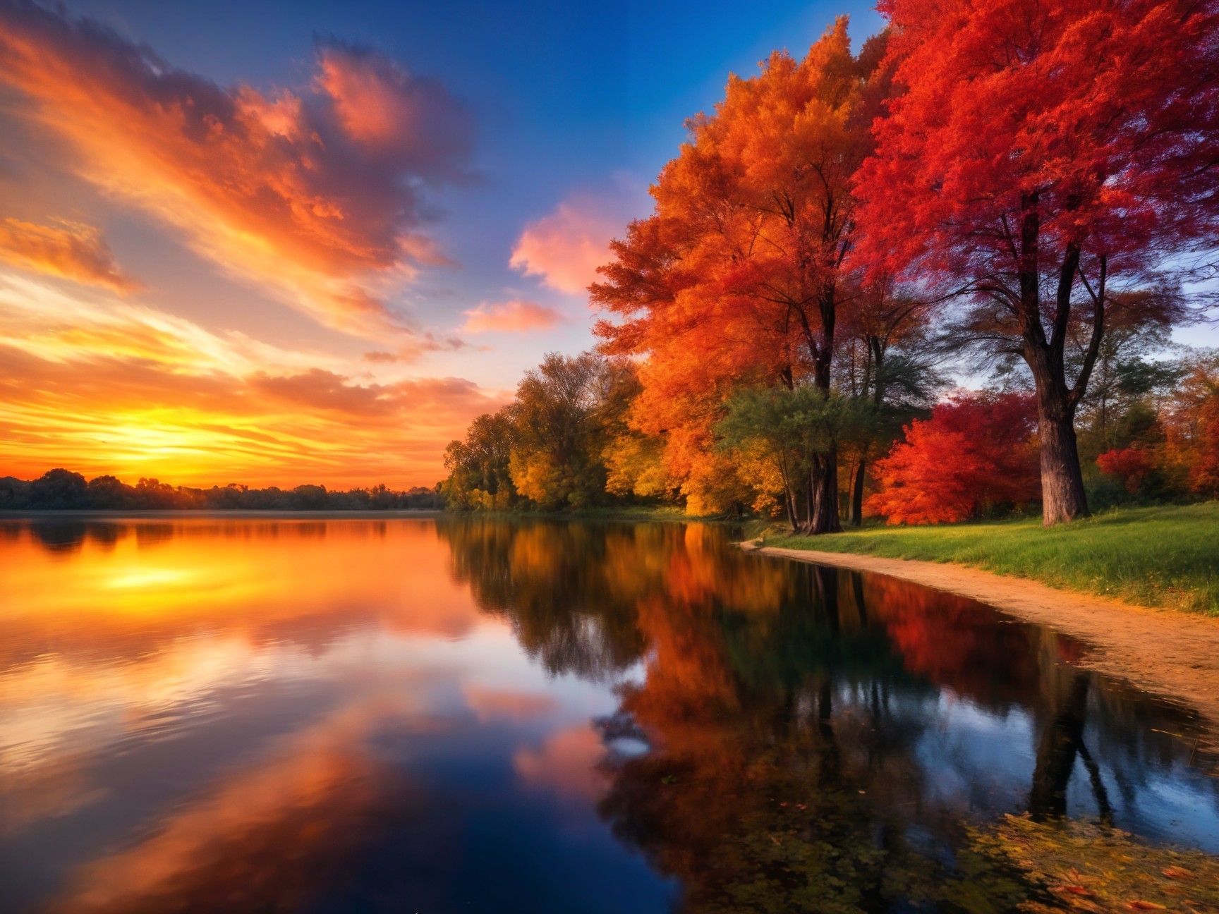 Serene Lakeside Scene at Sunset with Autumn Colors