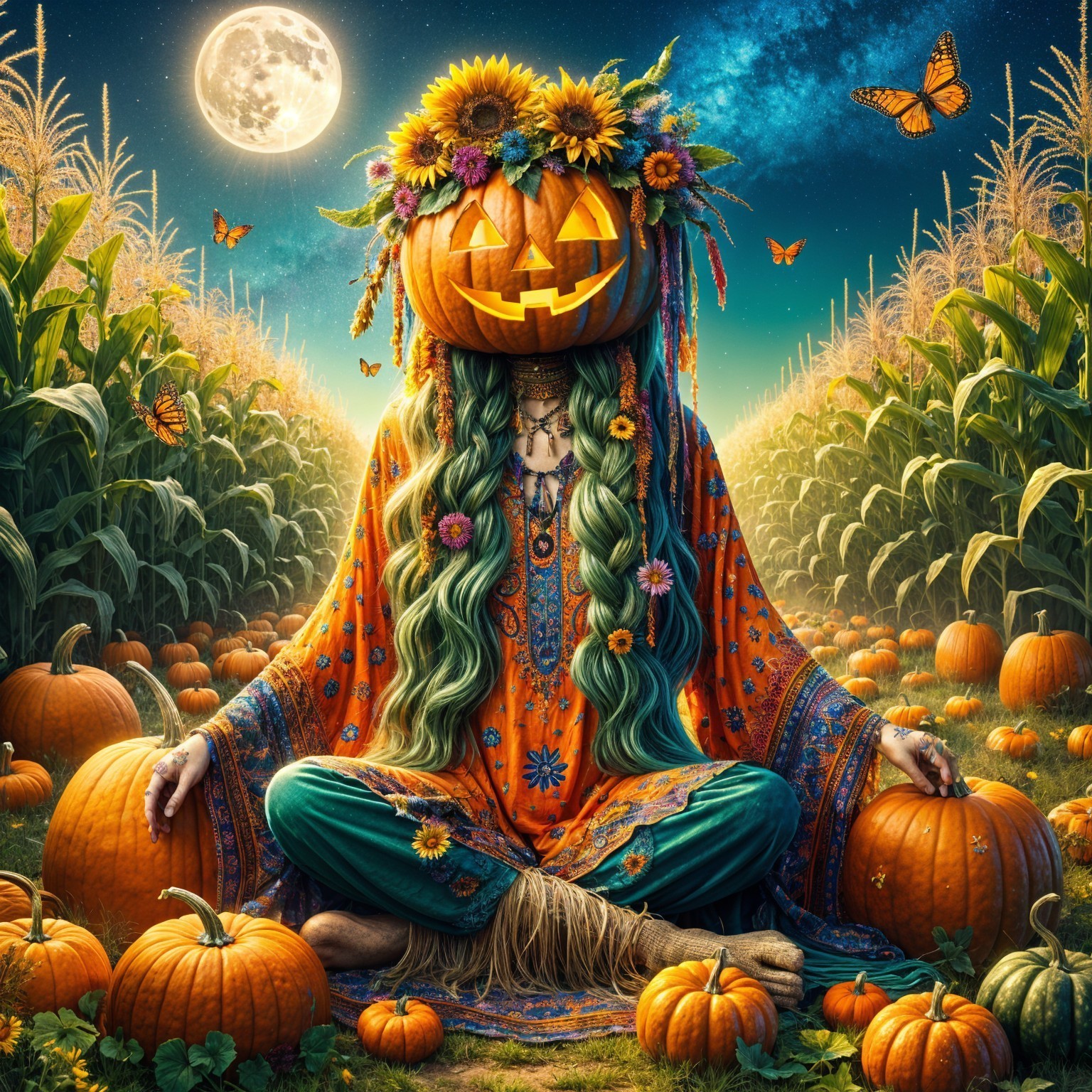 Pumpkin Head Figure in Moonlit Pumpkin Patch