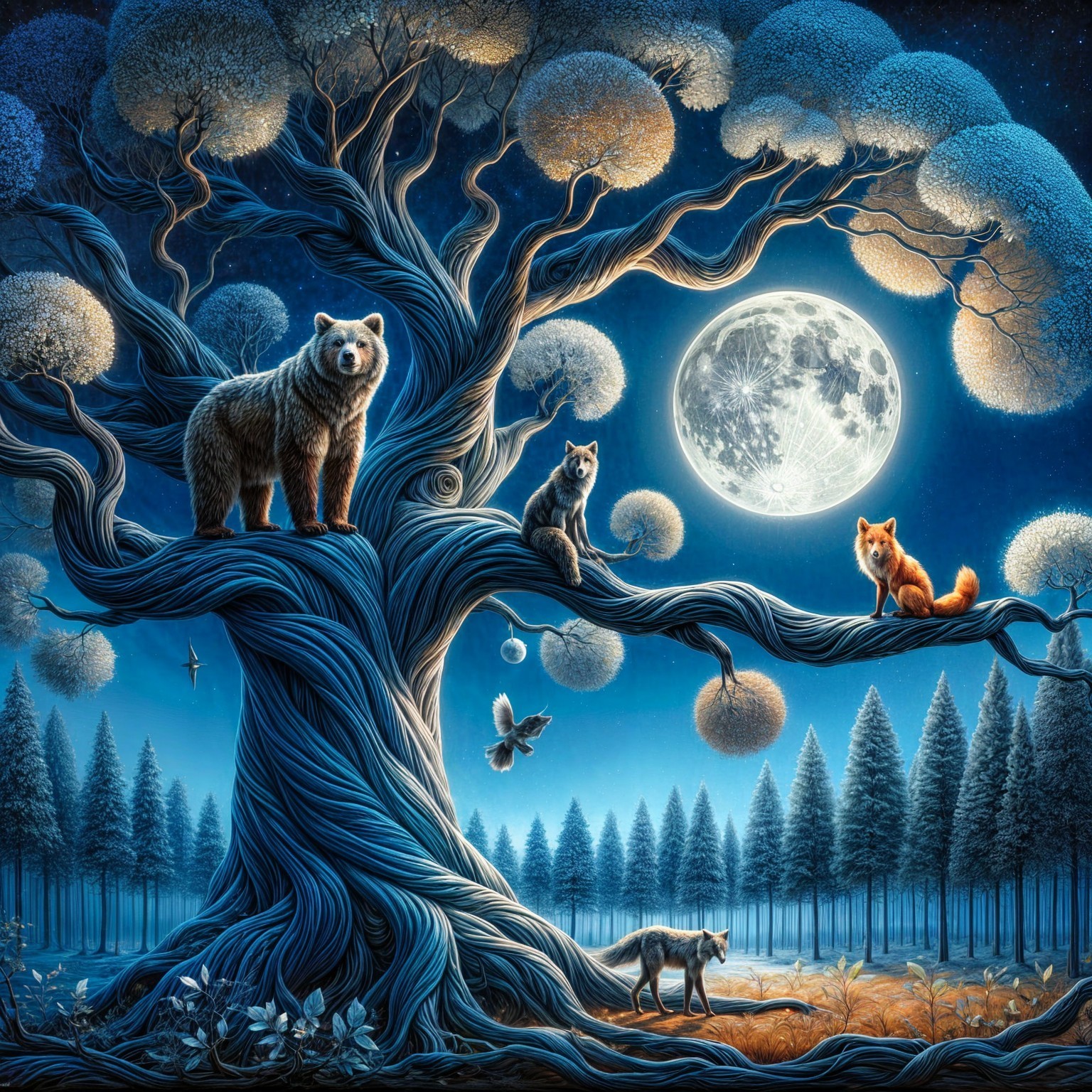 Twilight Forest Scene with Animals Under Full Moon