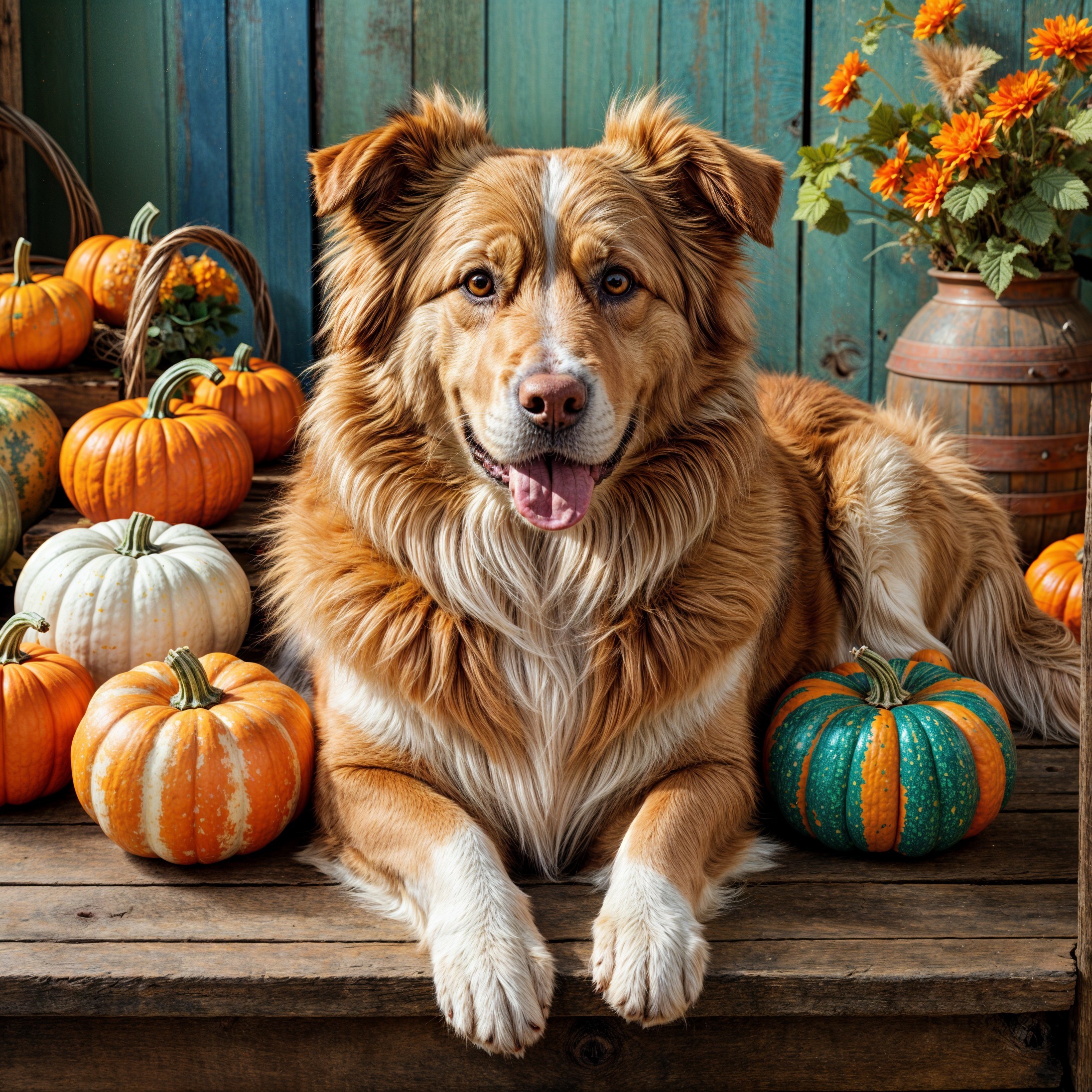 Friendly dog on wooden table with autumn pumpkins