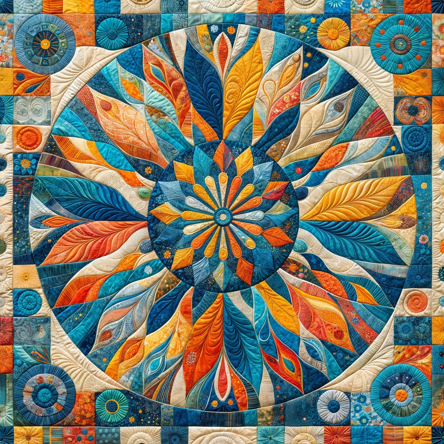 Vibrant quilt with circular design and intricate patterns