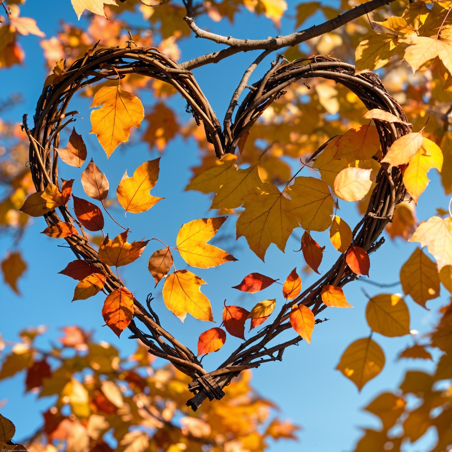 Heart-Shaped Wreath Surrounded by Autumn Leaves