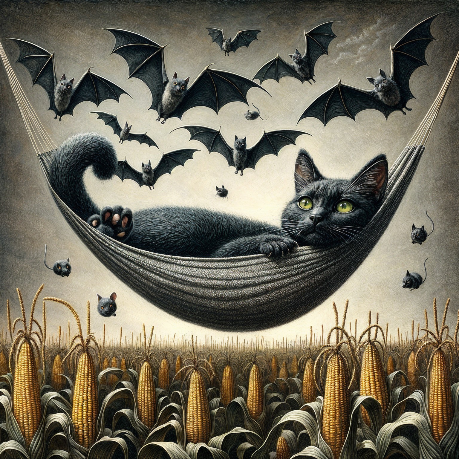 Whimsical Landscape with Black Cat and Playful Bats
