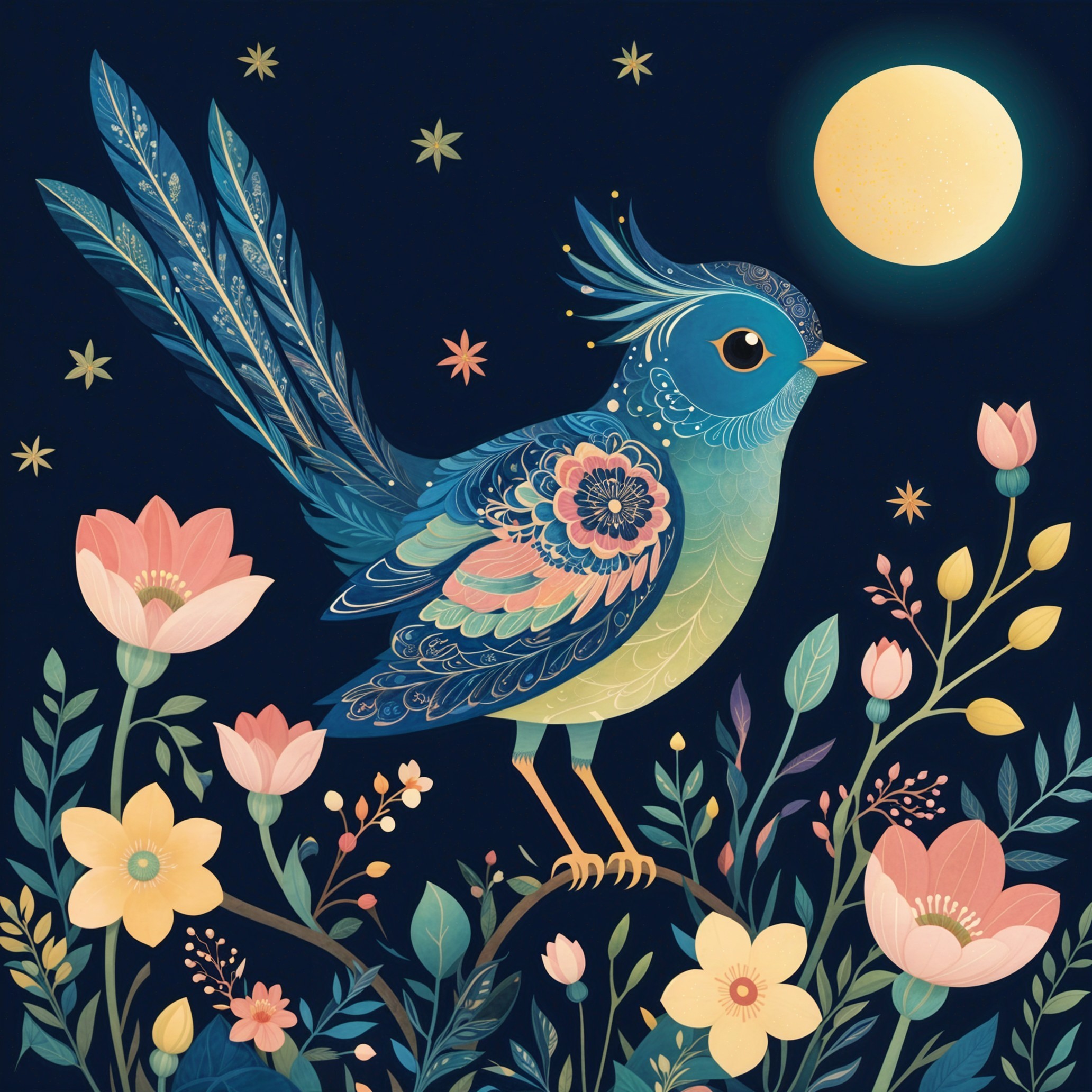 Whimsical Bird Among Flowers in Night Sky Setting