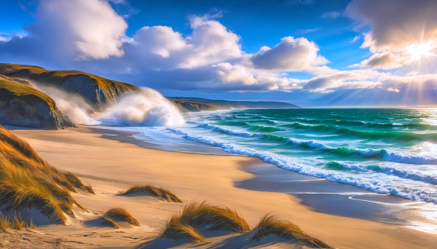 Sunlight breaking through clouds over a beach with crashing waves and wind-swept dunes.