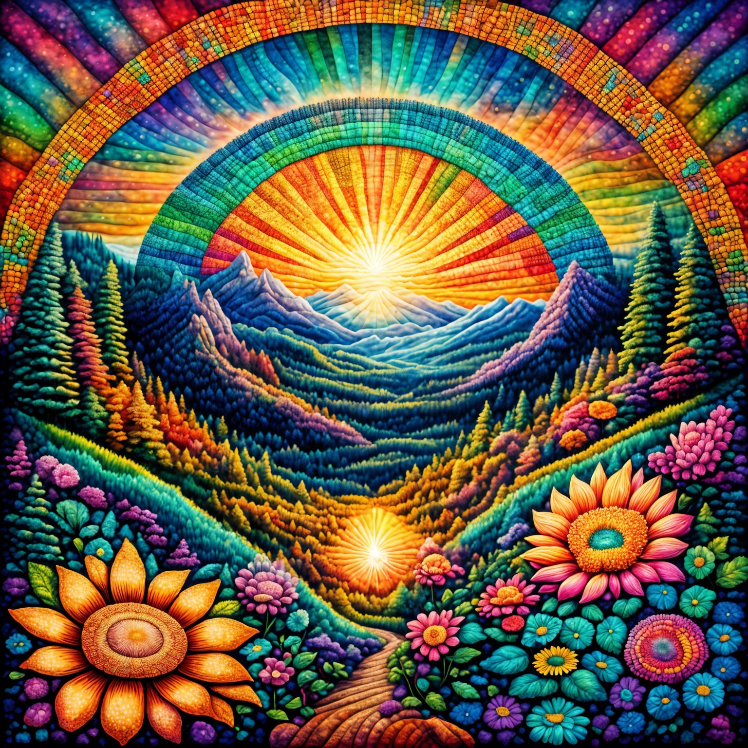 Vibrant Landscape with Sunflowers and Majestic Mountains