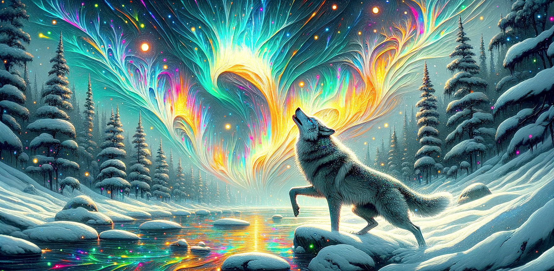 Wolf howling under aurora night sky by frozen river and snow-covered forest