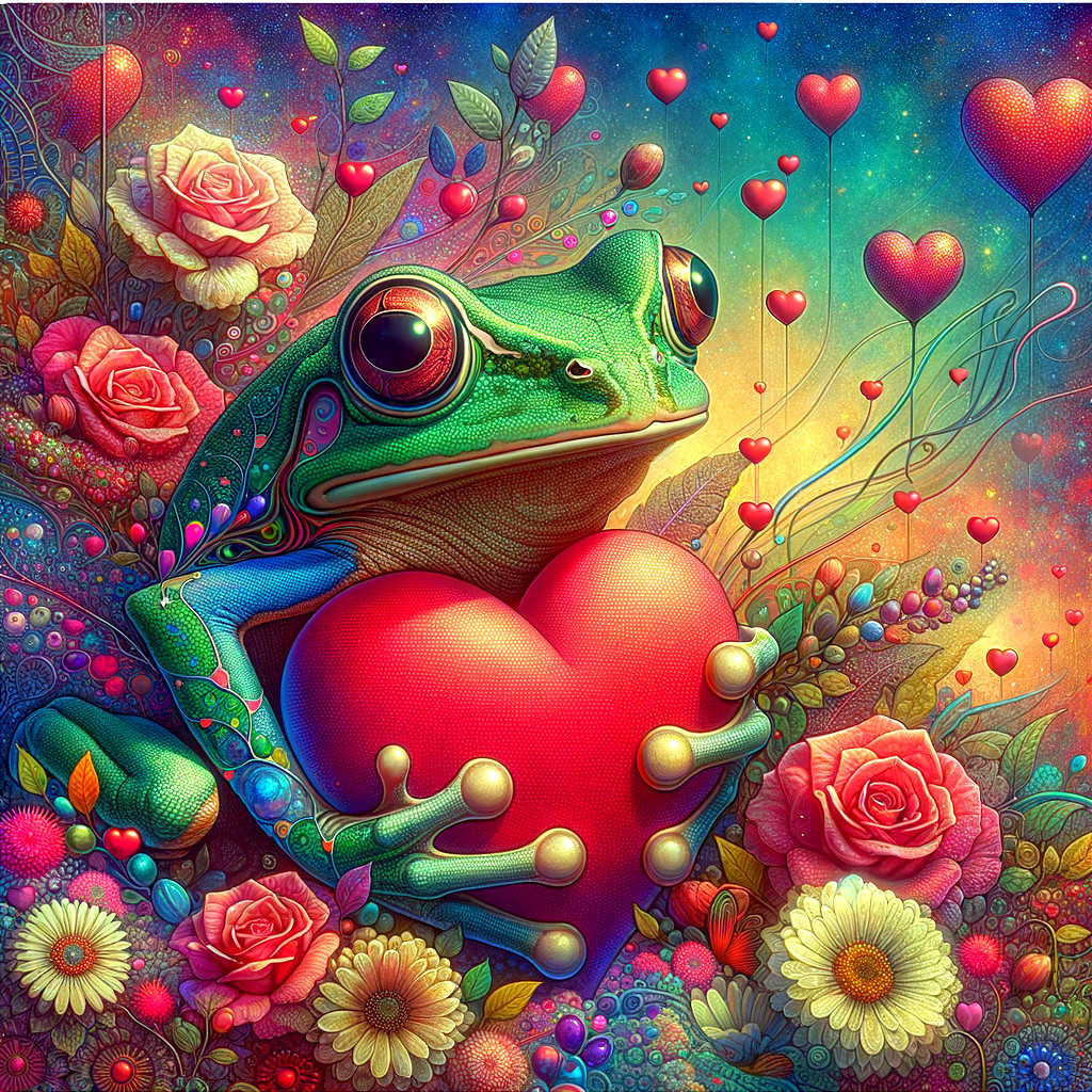 Colorful Illustration of Green Frog with Heart Among Flowers