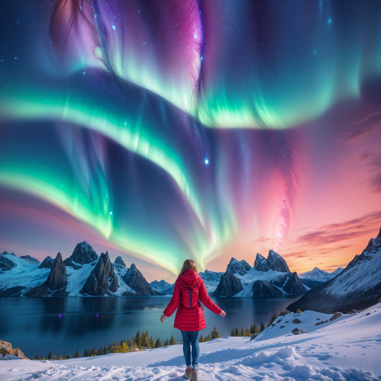 Person in red jacket under aurora borealis at twilight