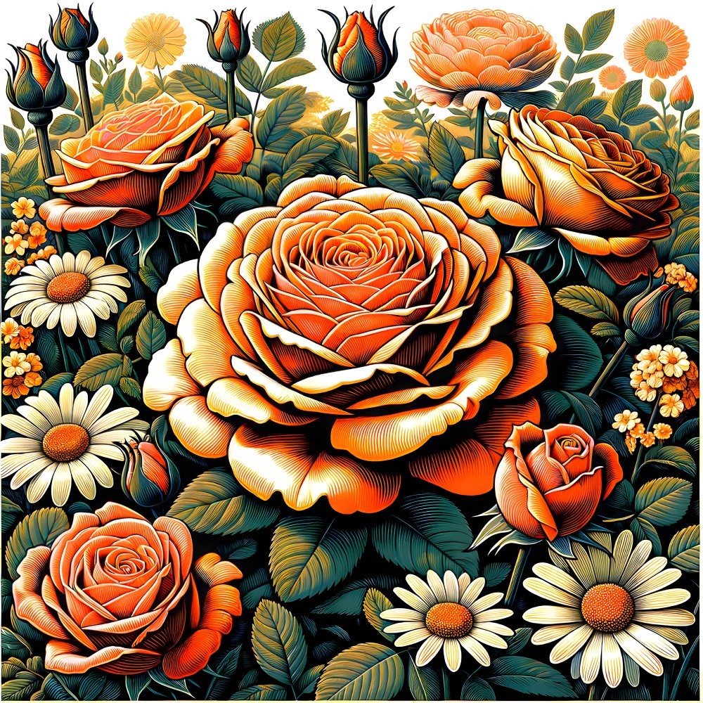 Vibrant Floral Composition with Orange Roses and Daisies
