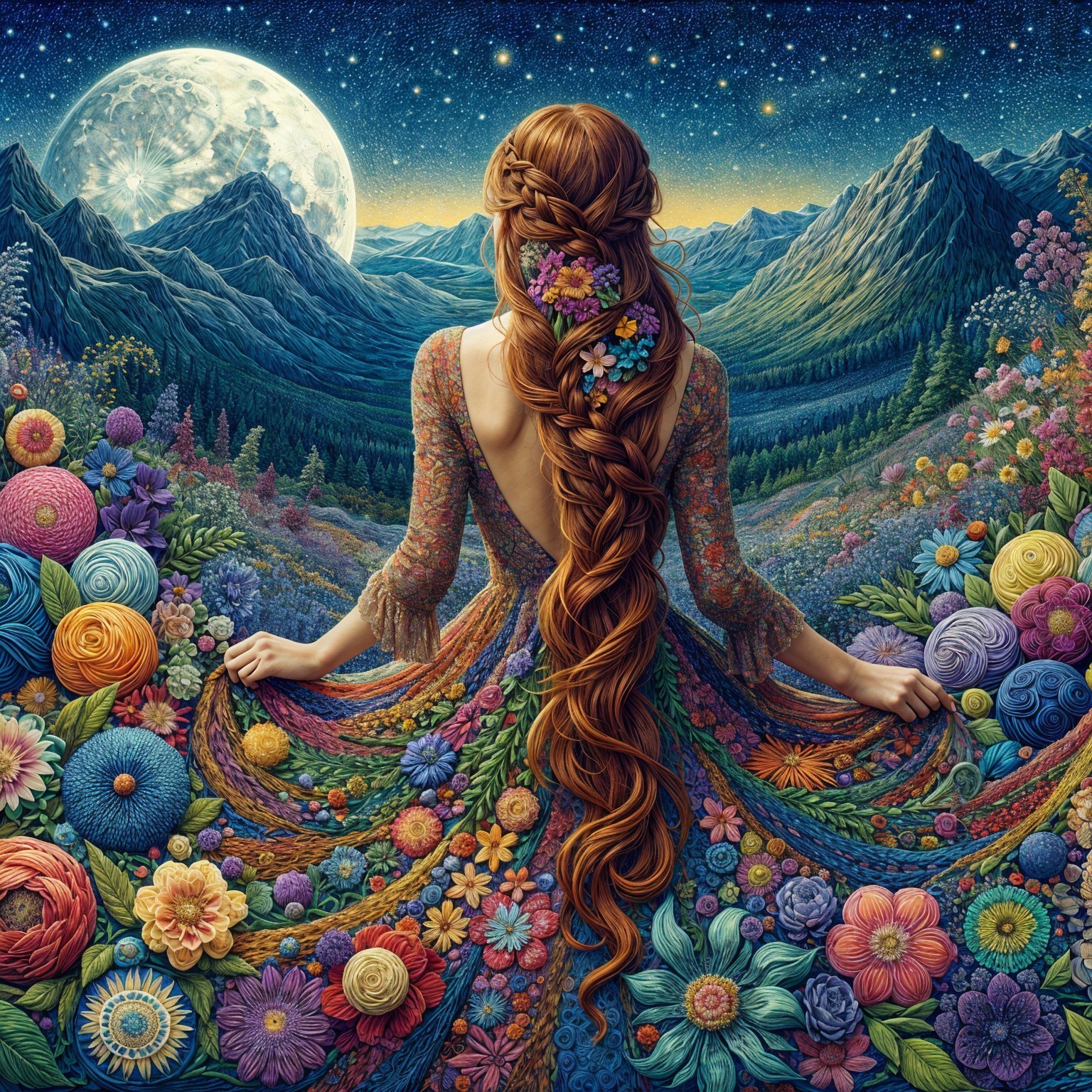 Woman in Colorful Dress Surrounded by Vibrant Nature