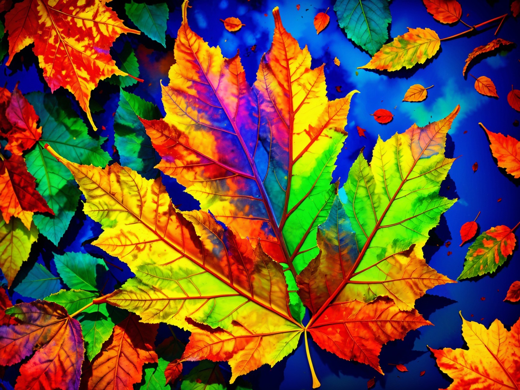 Vibrant Autumn Leaves in Rich Colors on Blue Background