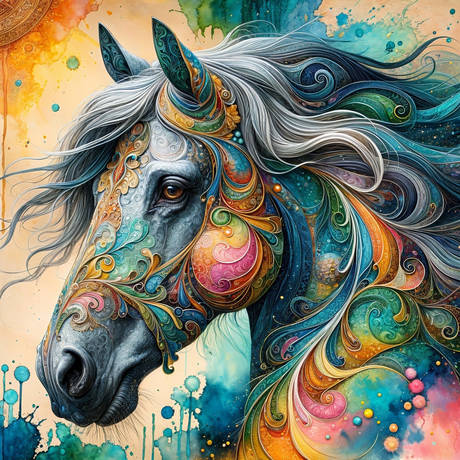 Intricate Close-Up of a Colorful Horse's Head