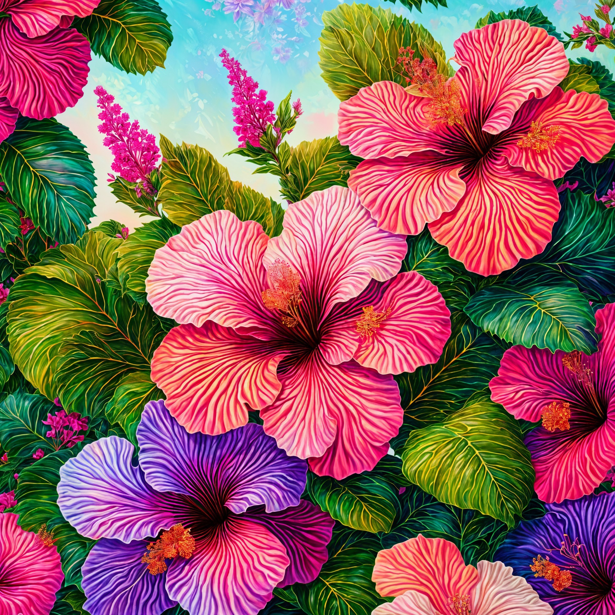 Vibrant Tropical Hibiscus Flowers and Green Leaves