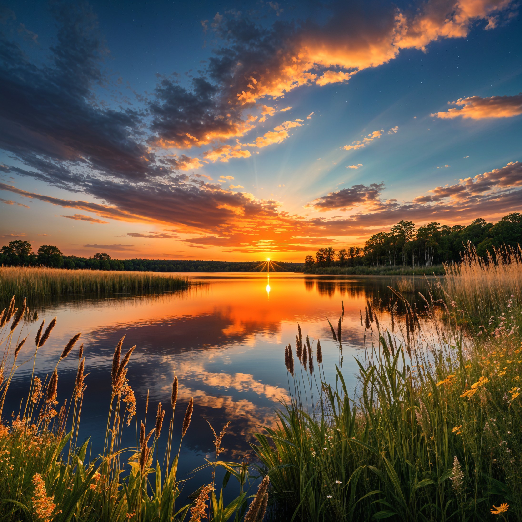 Serene Sunset Over Tranquil Lake with Vibrant Colors