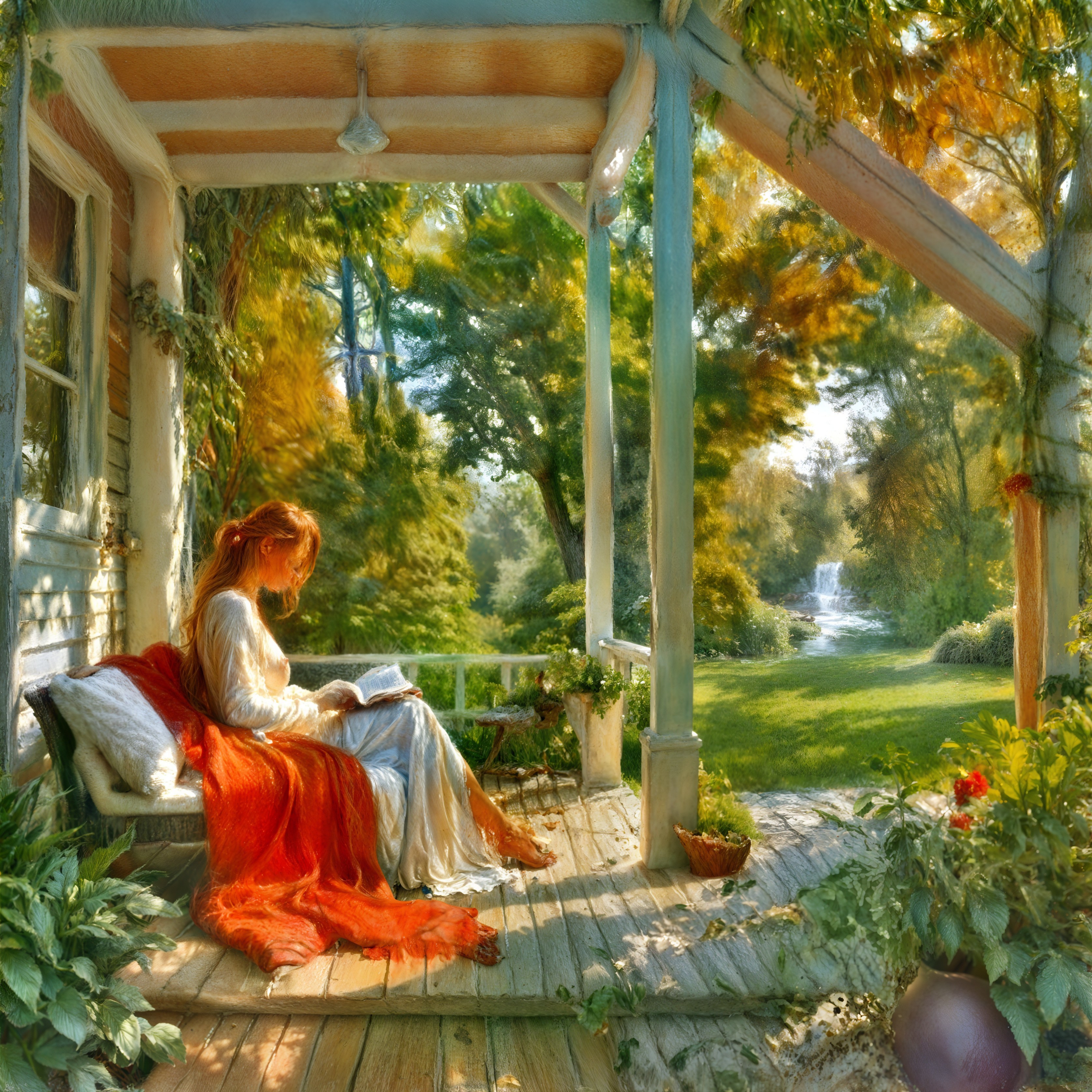 Serene Porch Scene with Woman Reading in Nature