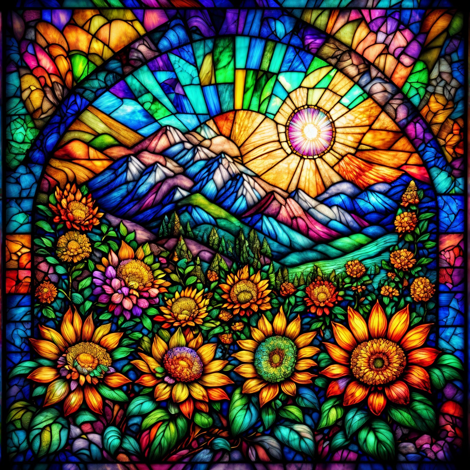 Vibrant Stained Glass Window of Sun and Mountains