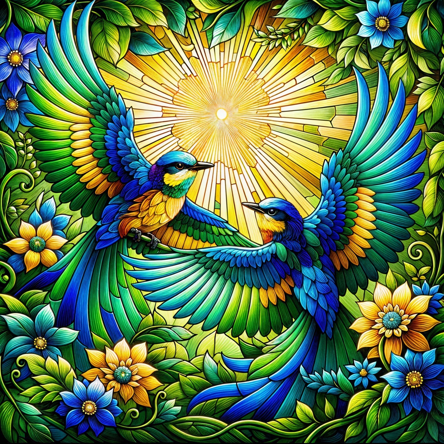 Vibrant Birds Amid Lush Foliage and Flowers