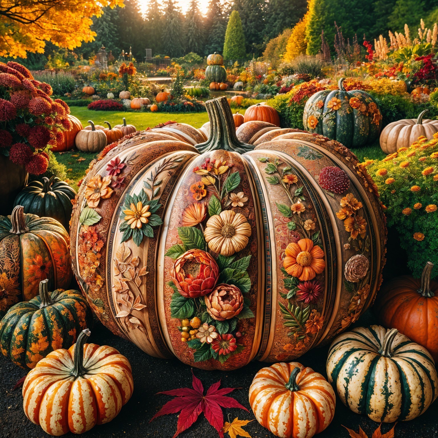 Intricately Carved Pumpkin in a Vibrant Garden Setting