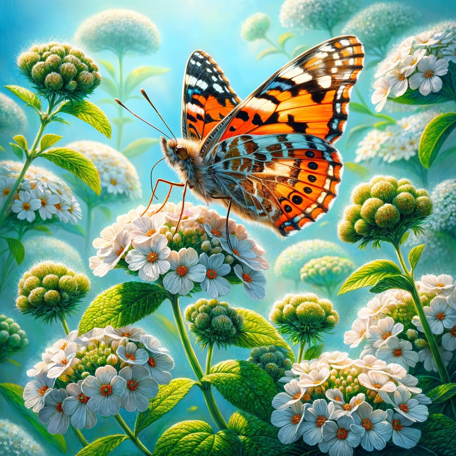 Butterfly on White Flowers with Greenery Background