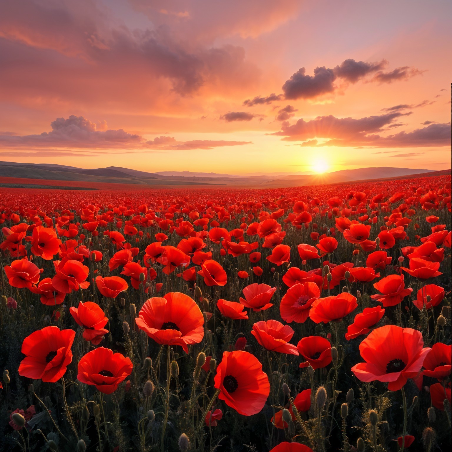 Vibrant Red Poppies Against a Pastel Sunset Landscape