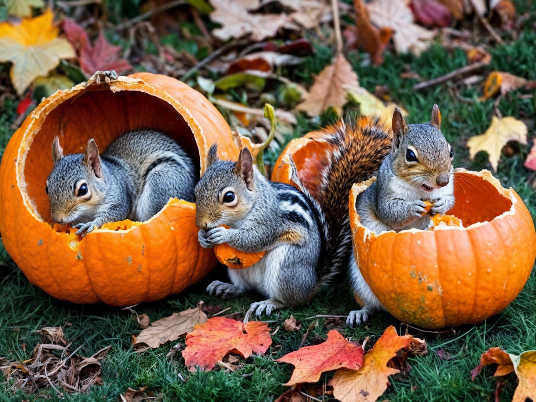 Squirrels in Pumpkins Surrounded by Autumn Leaves