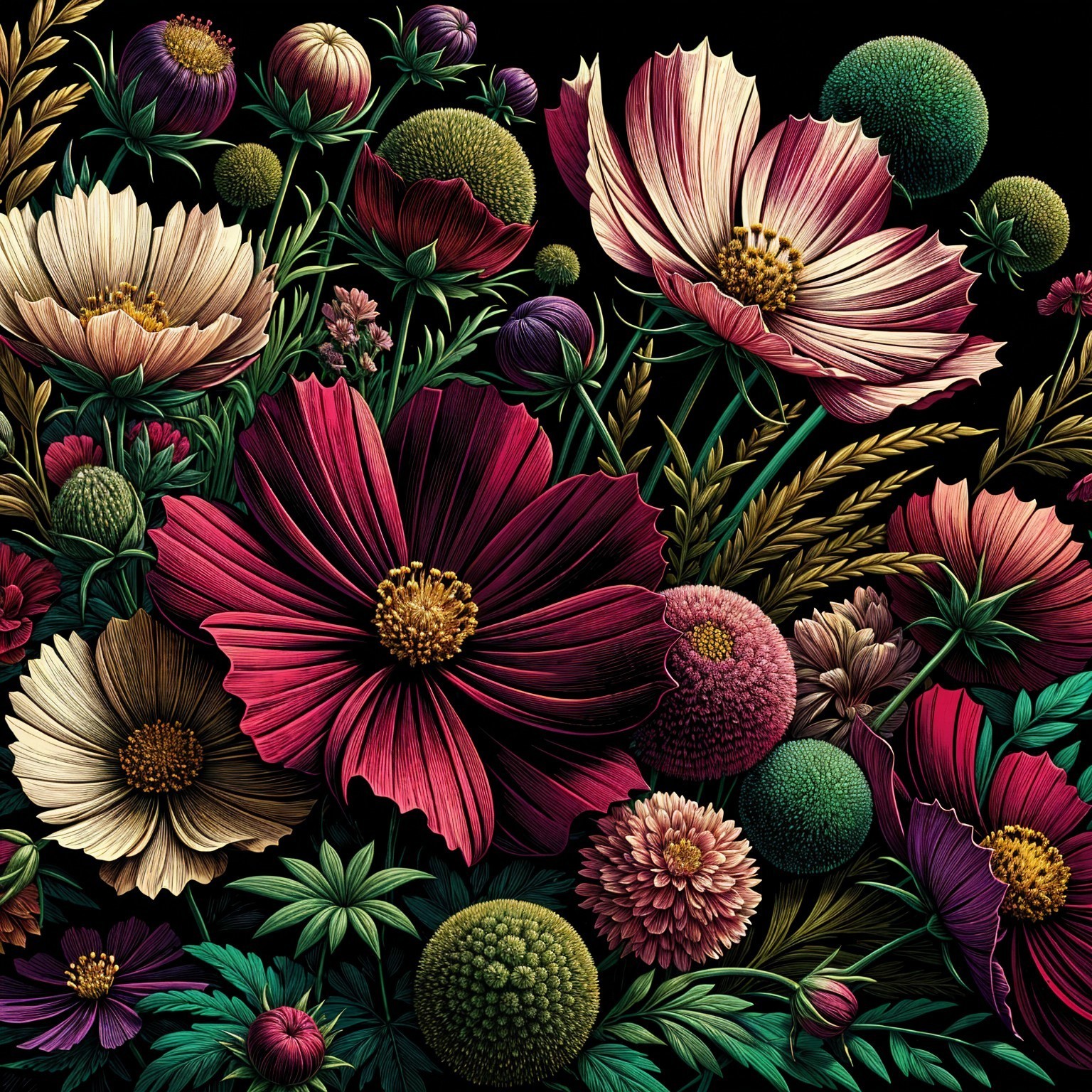 Vibrant Floral Arrangement in Various Shades and Textures
