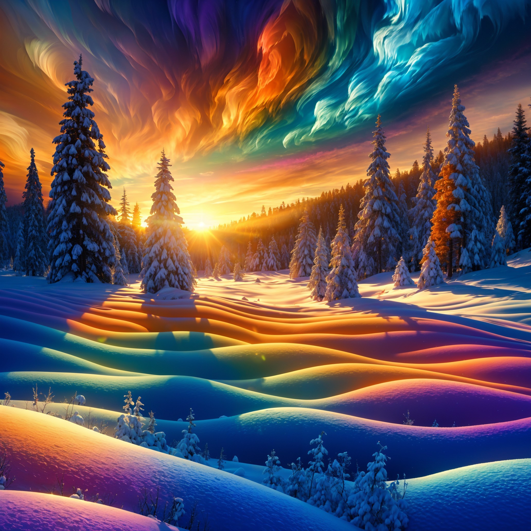 Winter Landscape with Snow-Covered Trees and Sunset Sky