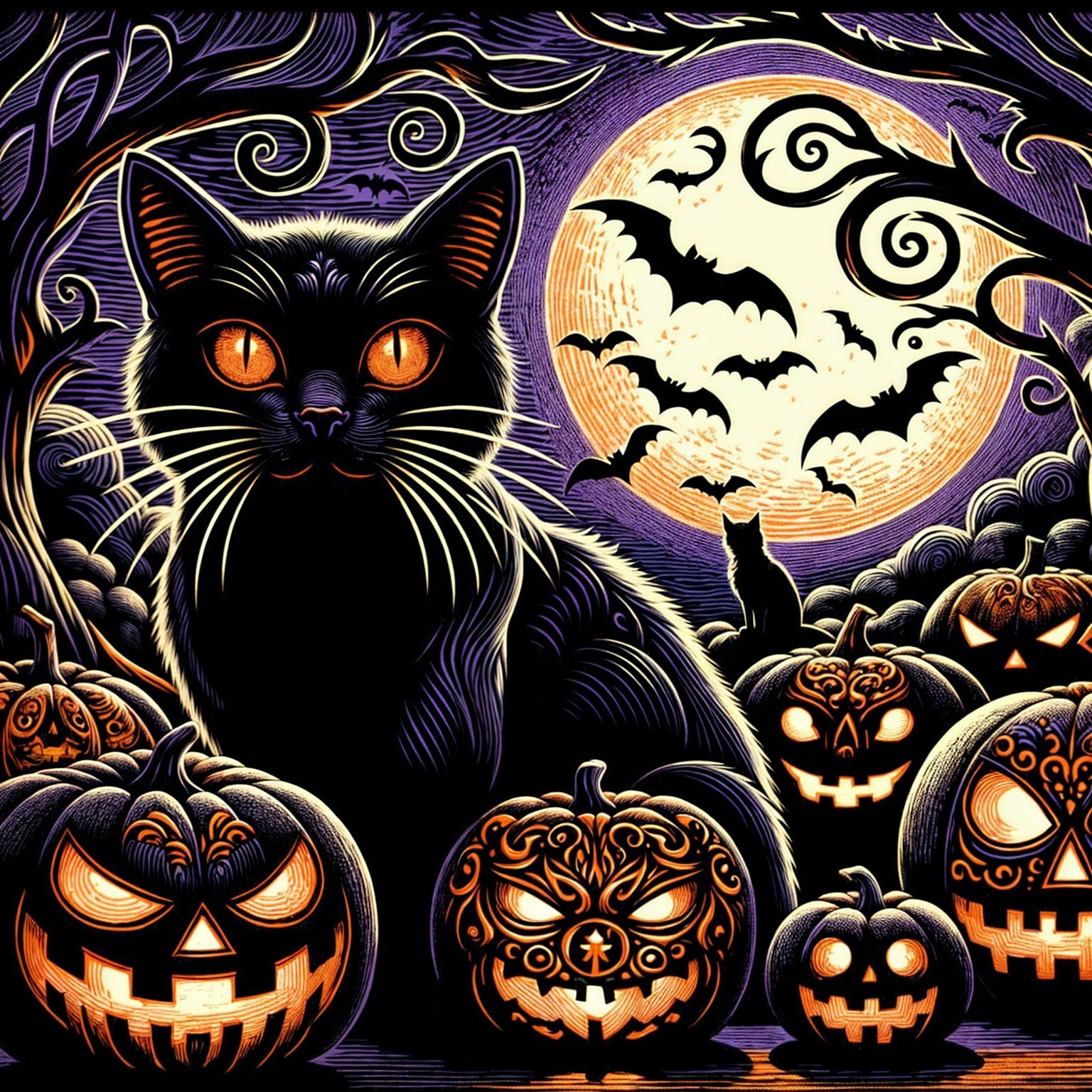 Black Cat with Glowing Eyes and Halloween Elements