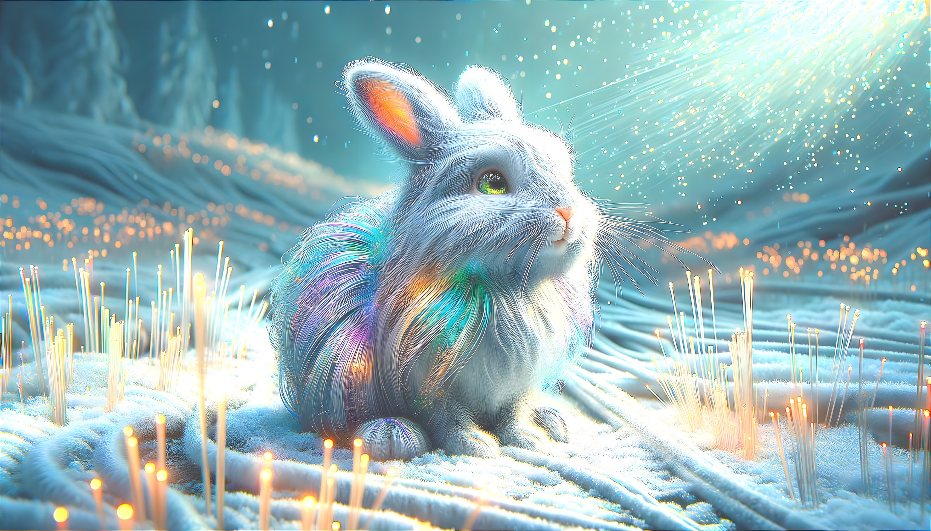 Iridescent Rabbit in Sparkling Magical Landscape