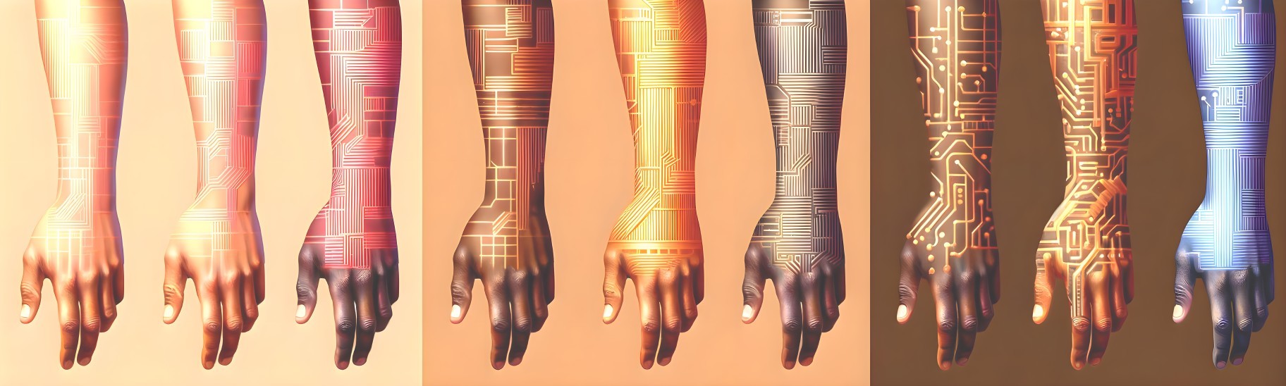 Futuristic Circuit-Patterned Human Arms in Color Spectrum