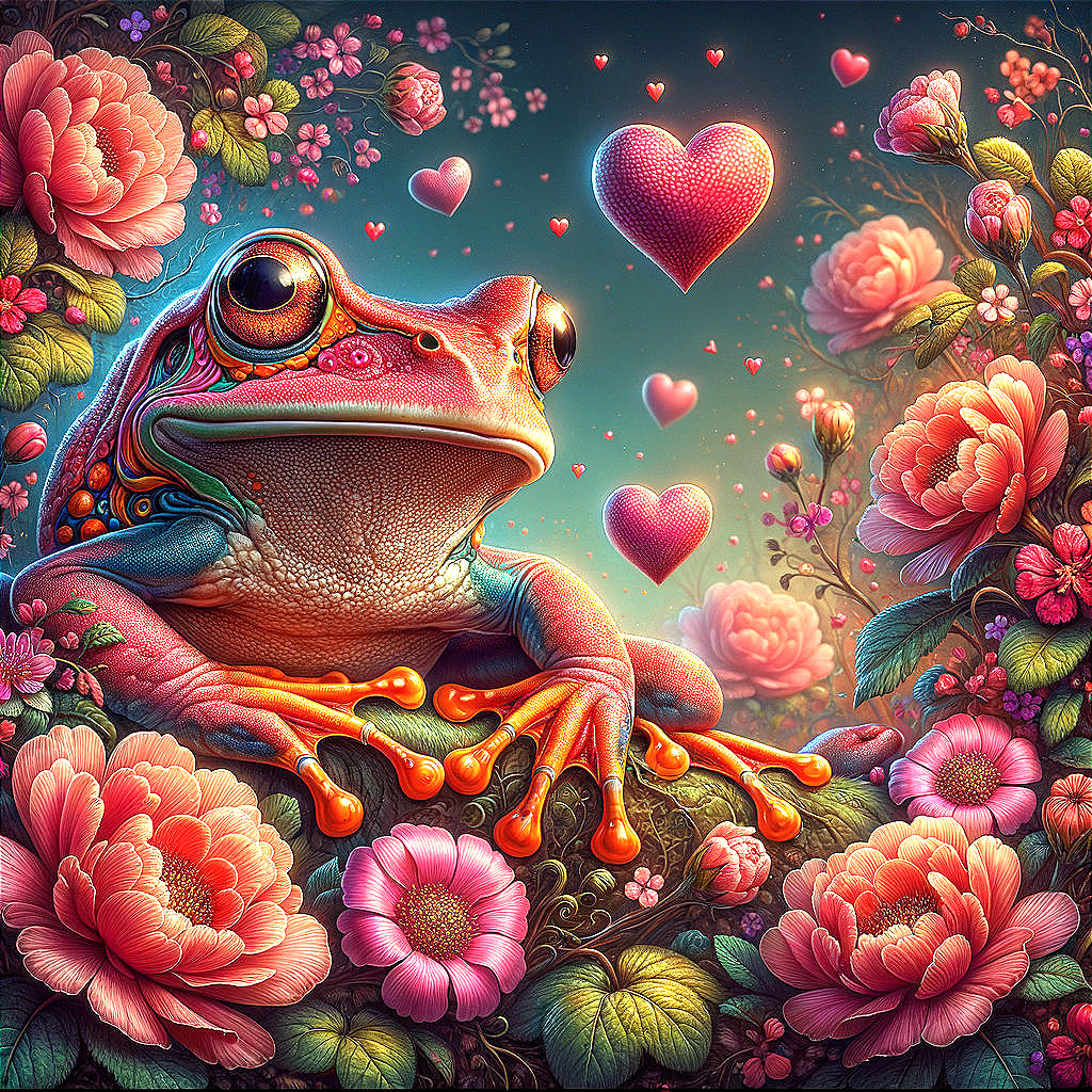 Colorful frog surrounded by flowers and hearts in whimsical scene