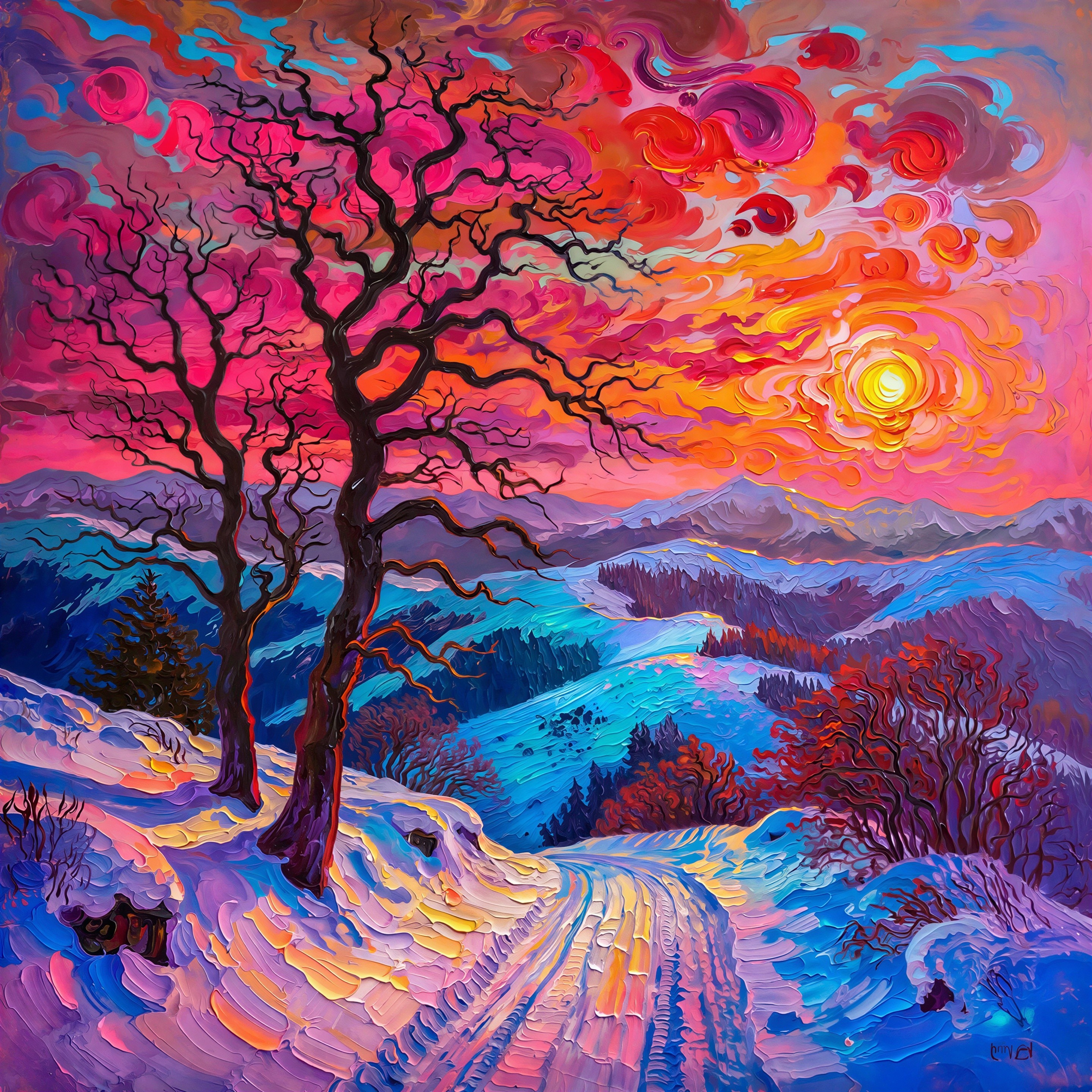 Vibrant Impasto Painting of Snowy Sunset Landscape