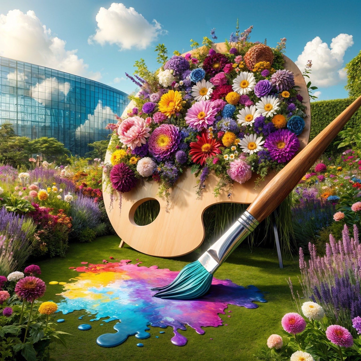 Oversized Palette with Colorful Flowers in Garden Scene