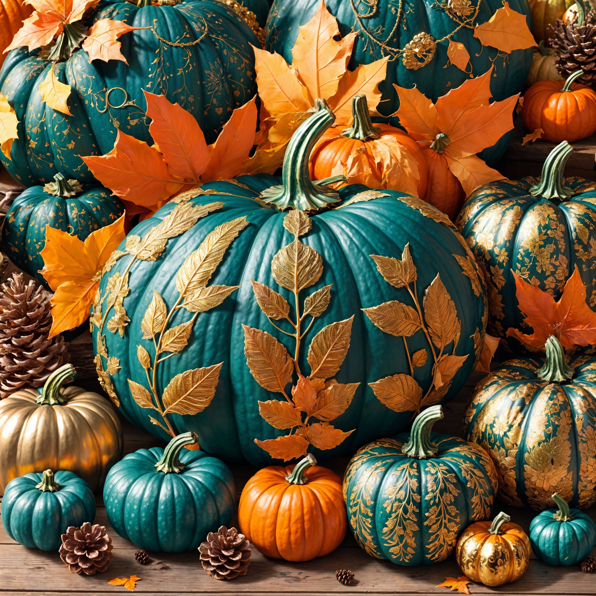 Vibrant Autumn Display of Colorful Pumpkins and Leaves