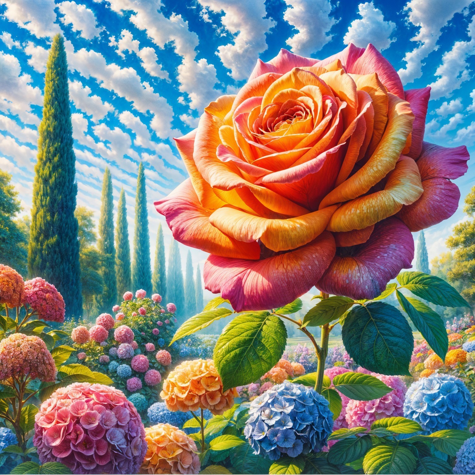 Vibrant Garden Scene with Colossal Rose and Hydrangeas