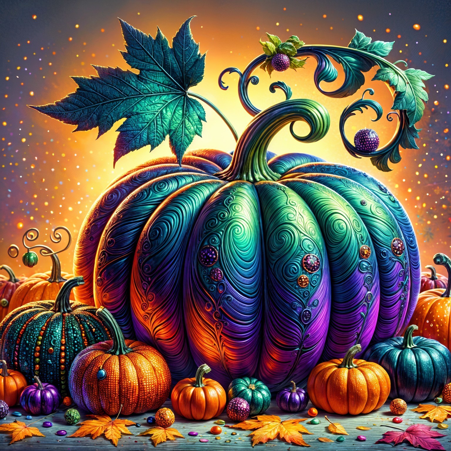 Vibrant Pumpkin Display with Autumn Leaves and Colors