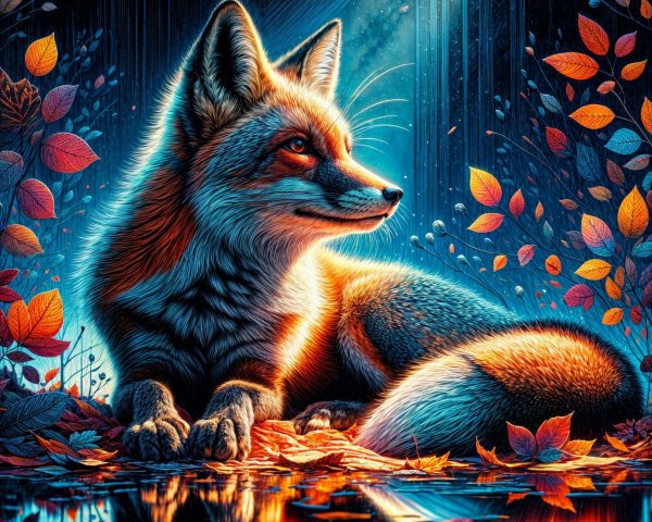 Fox in Autumn Landscape with Falling Leaves and Water