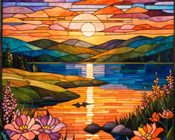 Vibrant Stained Glass Landscape at Sunset