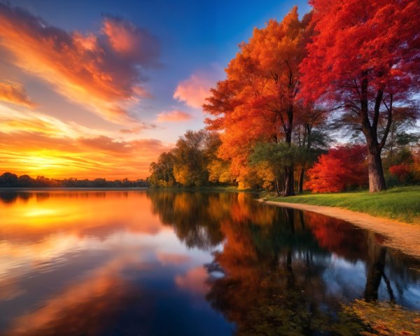 Serene Lakeside Scene at Sunset with Autumn Colors