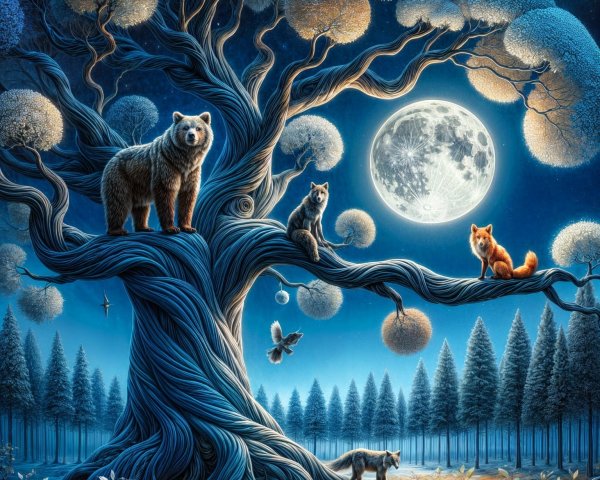 Twilight Forest Scene with Animals Under Full Moon