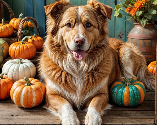 Friendly dog on wooden table with autumn pumpkins