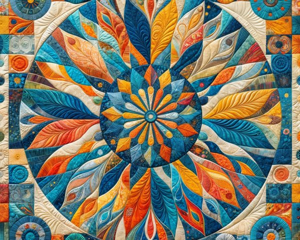 Vibrant quilt with circular design and intricate patterns