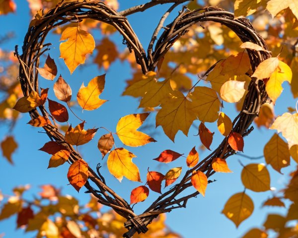 Heart-Shaped Wreath Surrounded by Autumn Leaves