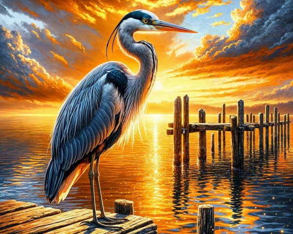 Heron on Pier at Sunset with Reflective Water