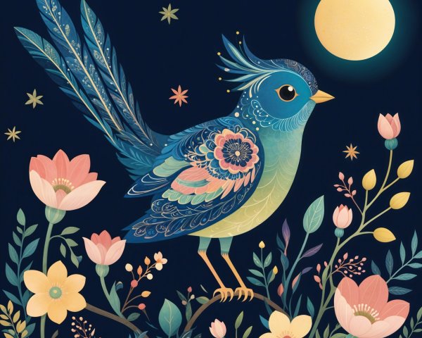 Whimsical Bird Among Flowers in Night Sky Setting