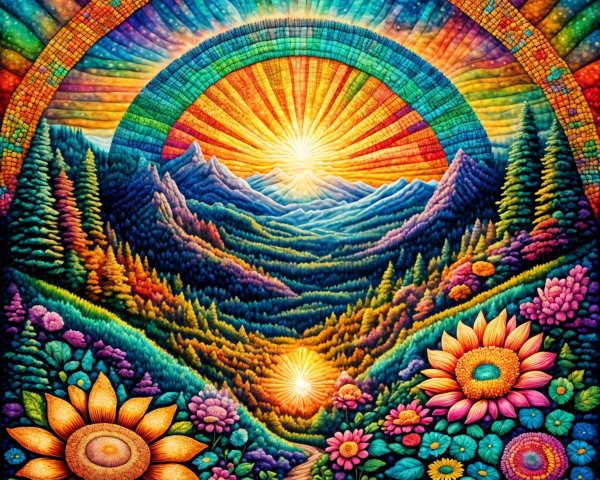 Vibrant Landscape with Sunflowers and Majestic Mountains